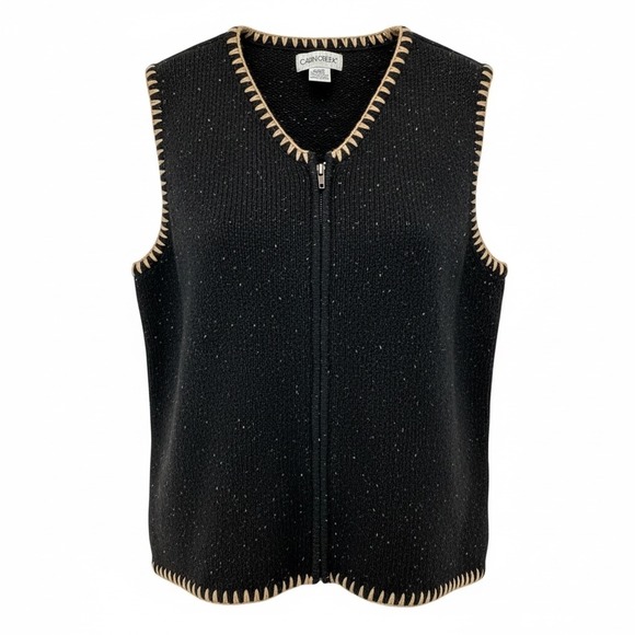 Cabin Creek Vest Womens Large Black Tan‎ Trim Speckled Knit Zip Up Ramie Warm - Picture 11 of 12
